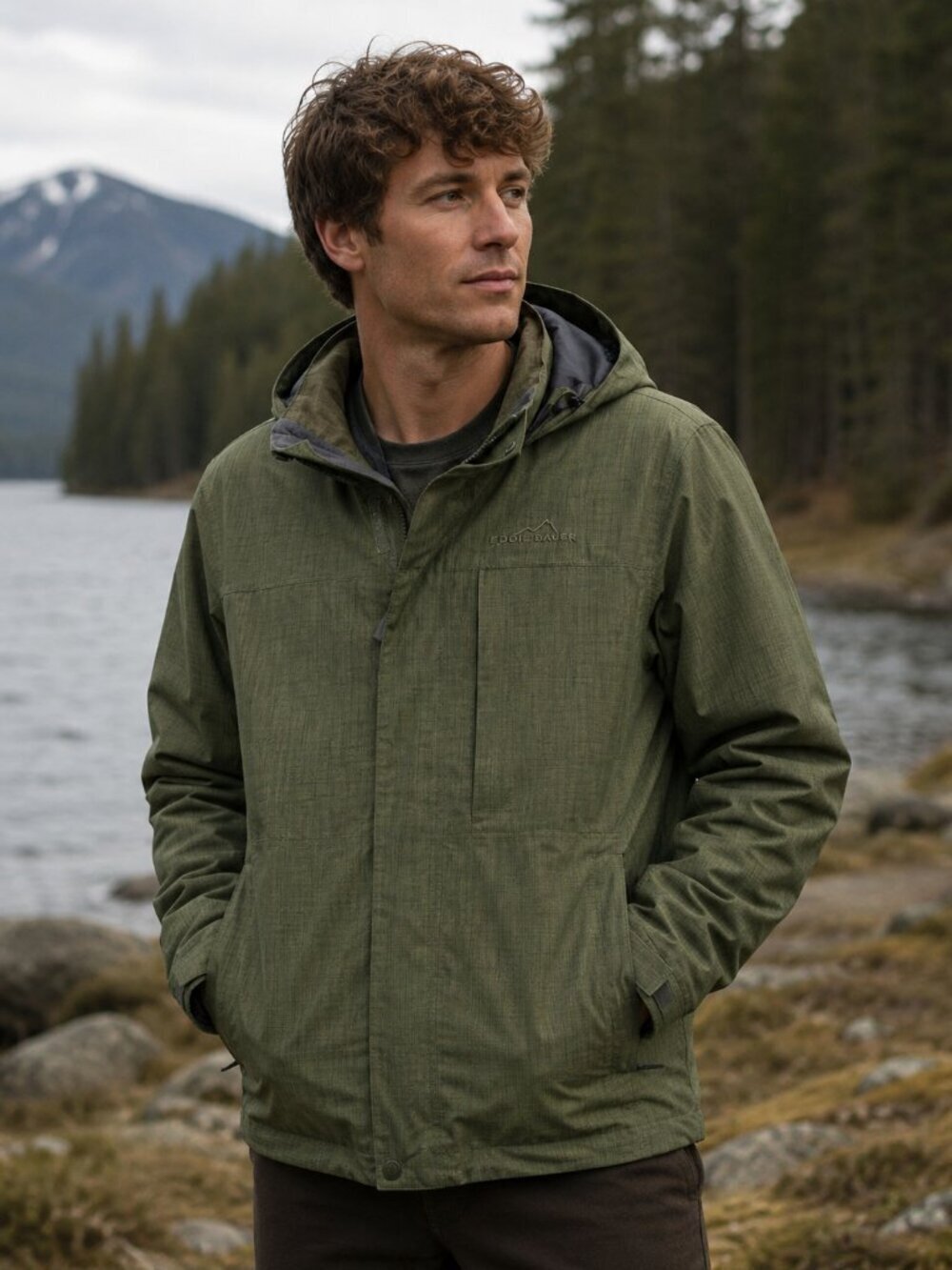 Eddie Bauer Jacket Green Zip Hood Outdoor Rain hiking Small